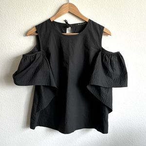 Malloni Italian Designer Cold Shoulder Black Cotton Blouse Keyhole Back Size M